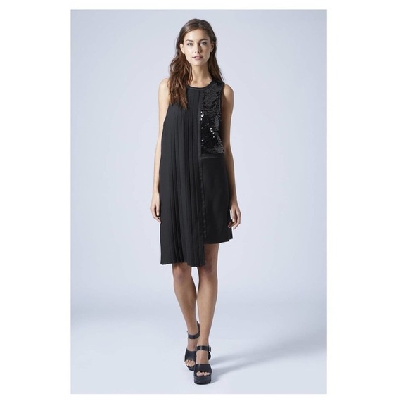 TOPSHOP Black Pleated Sequin Shift Dress LBD Size 8 - Picture 1 of 10